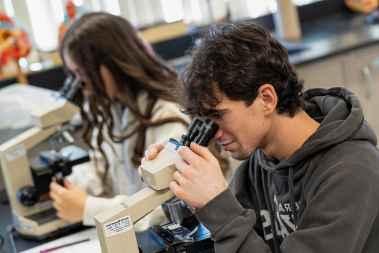 Holy Family University students in a lab looking through microscopes